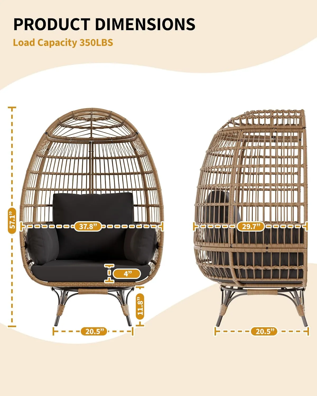 Oversize 360°Swivel Egg Chair Patio Rotating Rattan Egg Basket Lounge Chair, Wicker Egg-Shaped Chair w/Steel Frame Stand and 4 Cushions for Patio, Porch, Backyard, Living Room, Black