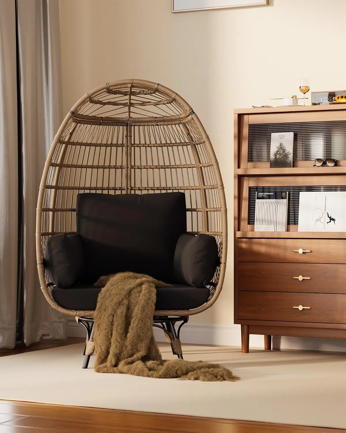 Oversize 360°Swivel Egg Chair Patio Rotating Rattan Egg Basket Lounge Chair, Wicker Egg-Shaped Chair w/Steel Frame Stand and 4 Cushions for Patio, Porch, Backyard, Living Room, Black
