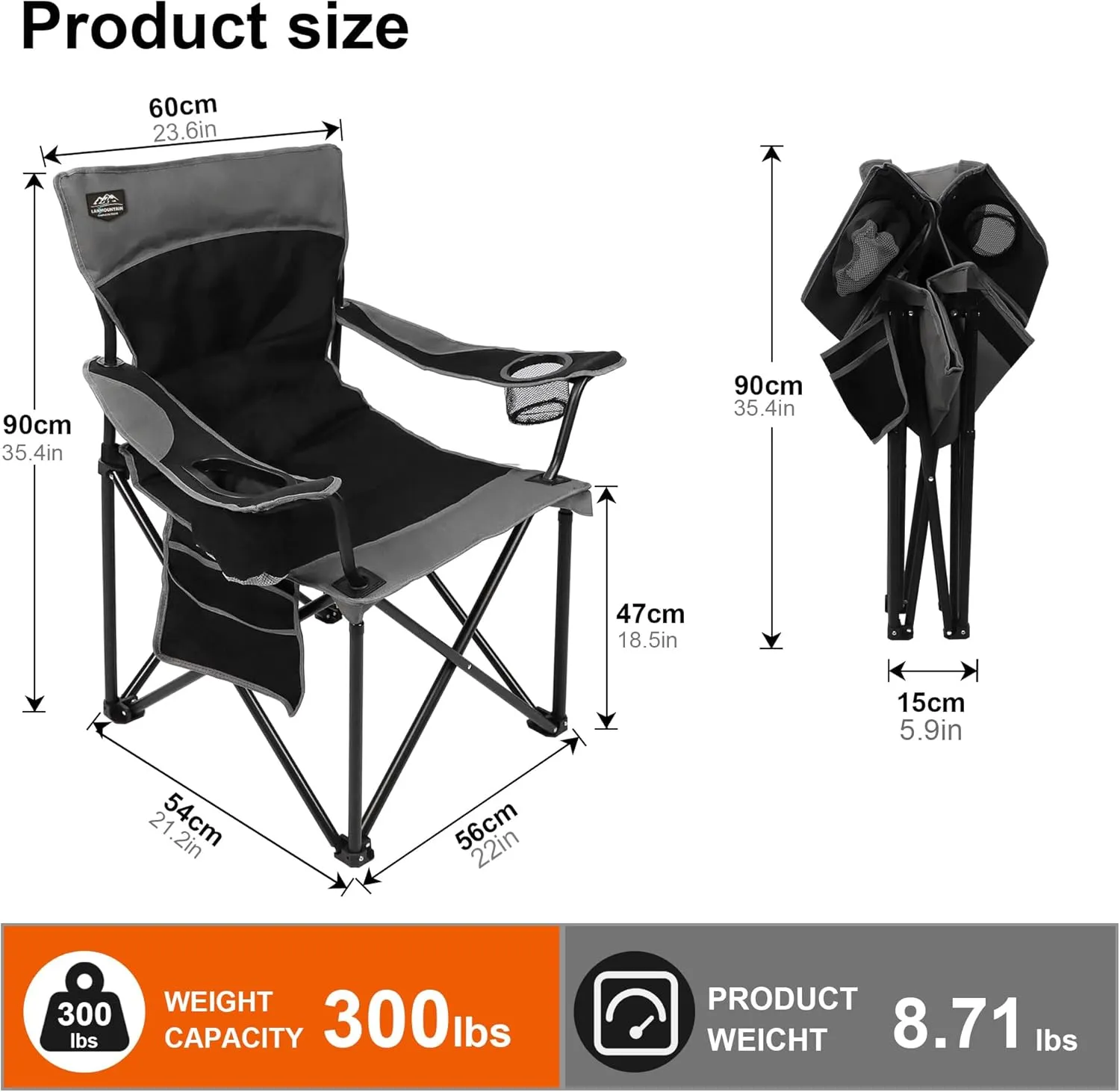 Oversized Folding Camping Chair,Heavy Duty Padded Portable Lawn Chair w/Extra Large Cup Holder,Side Pocket for Adults Outdoor Sports Hiking Beach Garden Picnic,Black