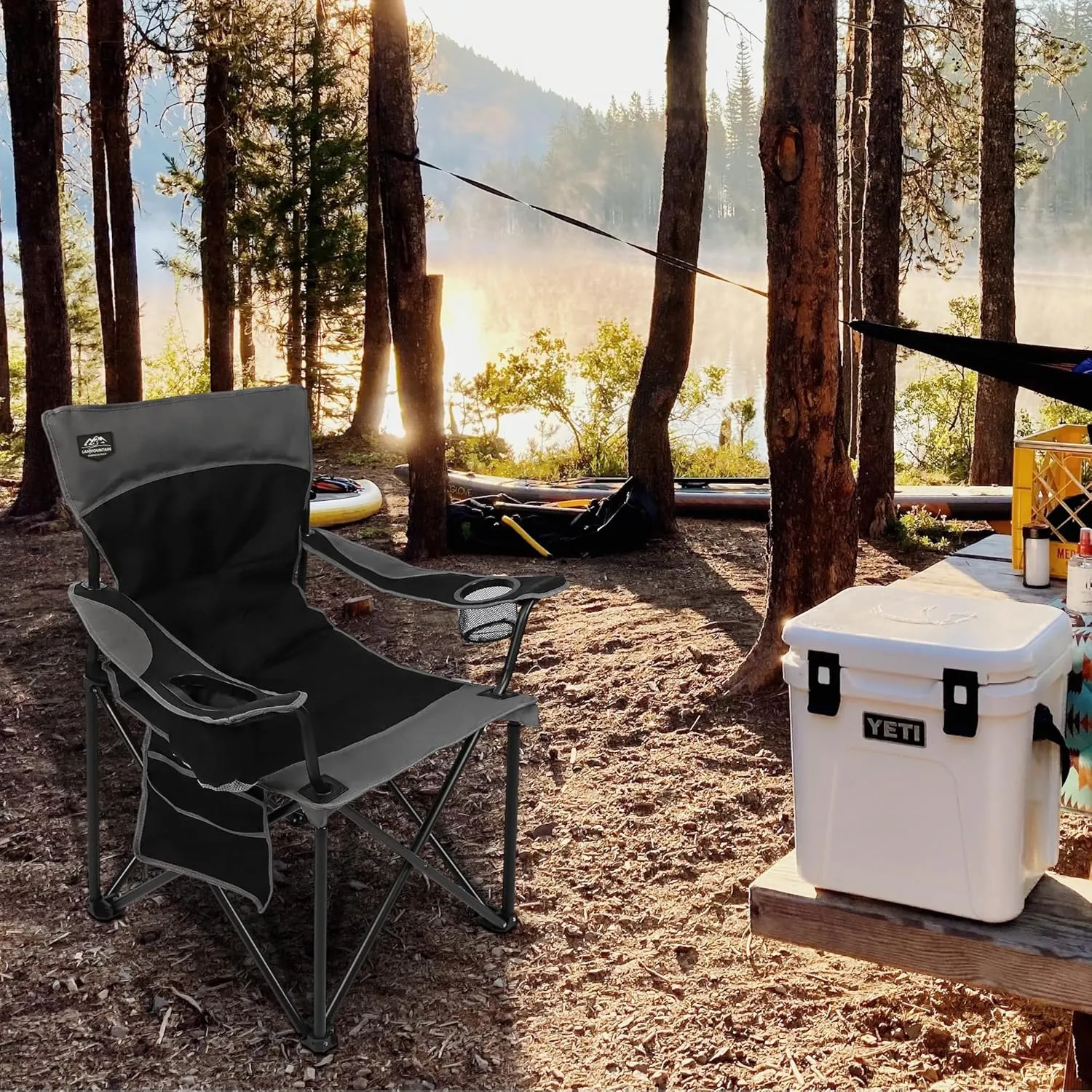 Oversized Folding Camping Chair,Heavy Duty Padded Portable Lawn Chair w/Extra Large Cup Holder,Side Pocket for Adults Outdoor Sports Hiking Beach Garden Picnic,Black