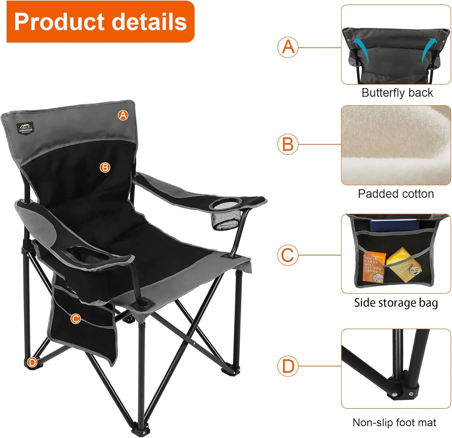 Oversized Folding Camping Chair,Heavy Duty Padded Portable Lawn Chair w/Extra Large Cup Holder,Side Pocket for Adults Outdoor Sports Hiking Beach Garden Picnic,Black