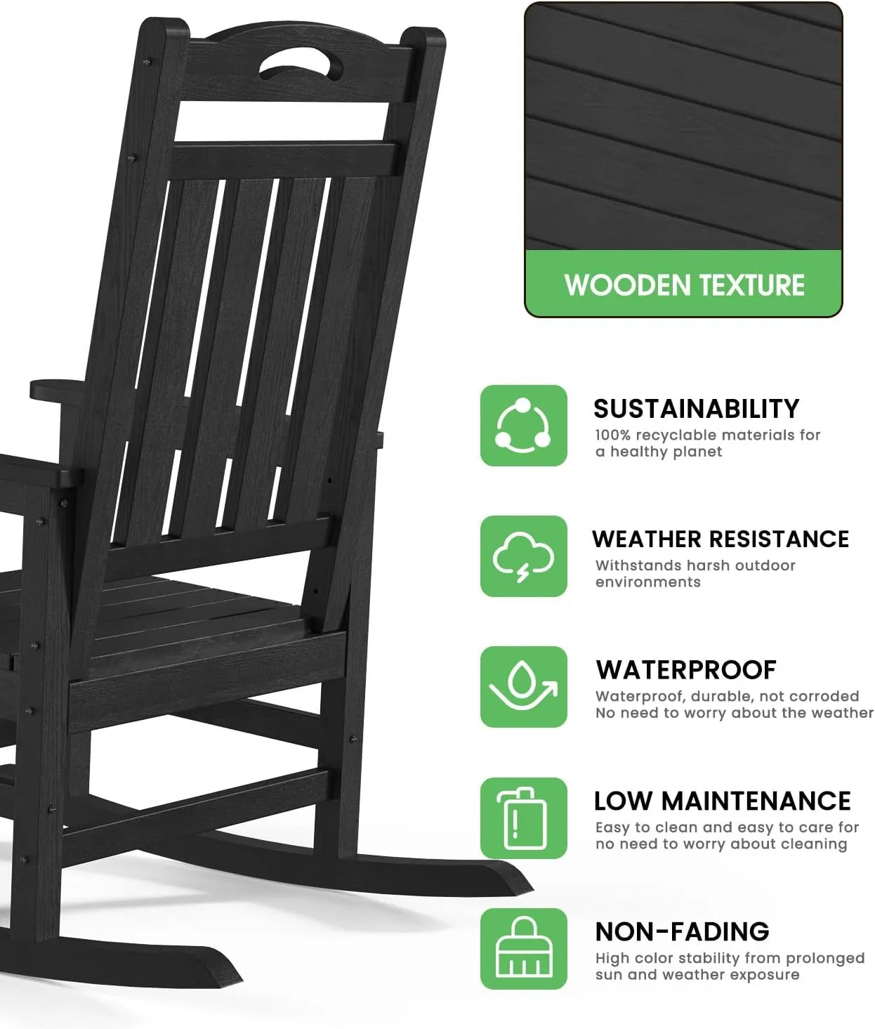 Oversized Outdoor Rocking Chair, High Back Porch Rocker Chair, HDPE All Weather Resistant Rocking Chairs for Patio, 380lbs Weight Capacity, Black