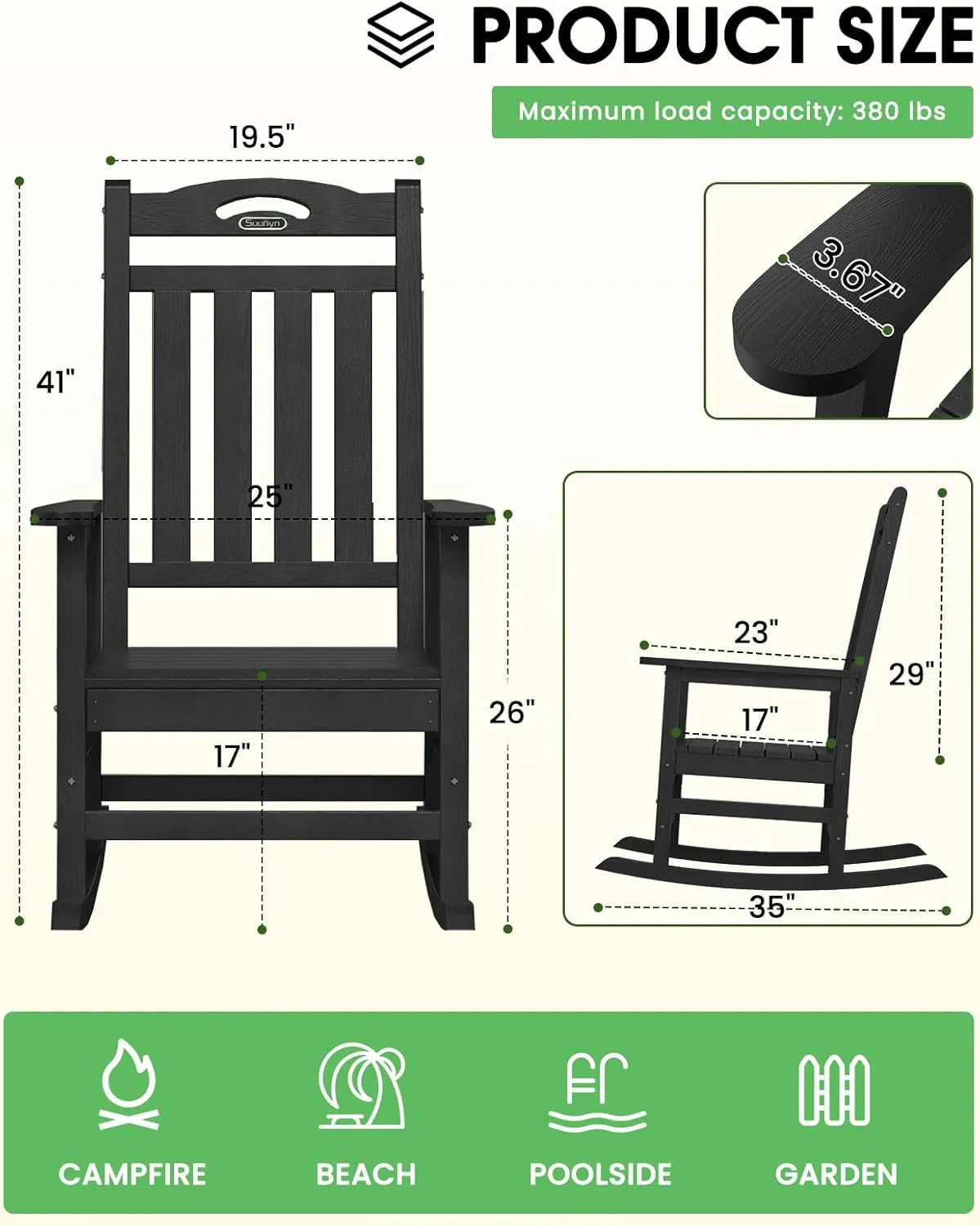 Oversized Outdoor Rocking Chair, High Back Porch Rocker Chair, HDPE All Weather Resistant Rocking Chairs for Patio, 380lbs Weight Capacity, Black