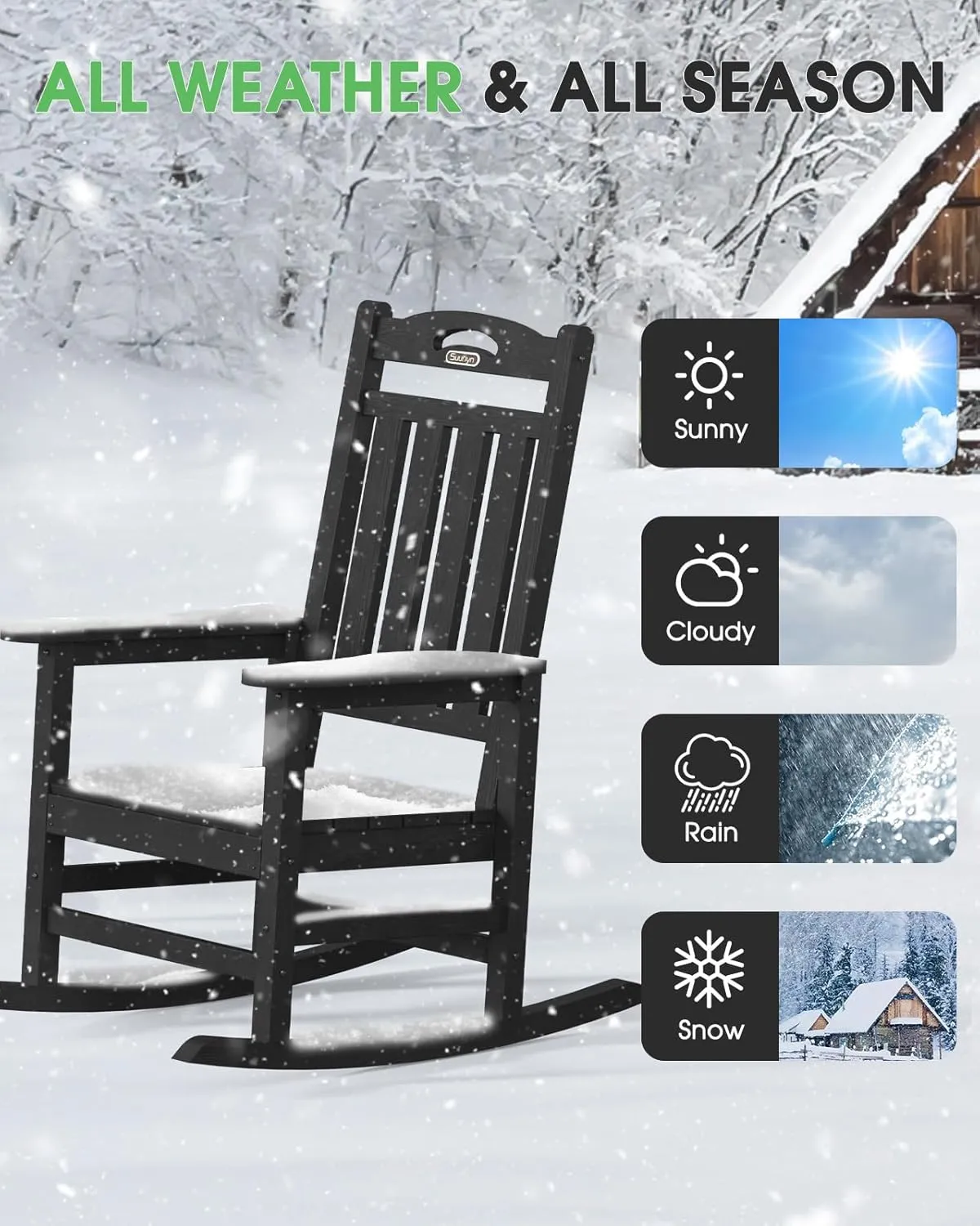 Oversized Outdoor Rocking Chair, High Back Porch Rocker Chair, HDPE All Weather Resistant Rocking Chairs for Patio, 380lbs Weight Capacity, Black