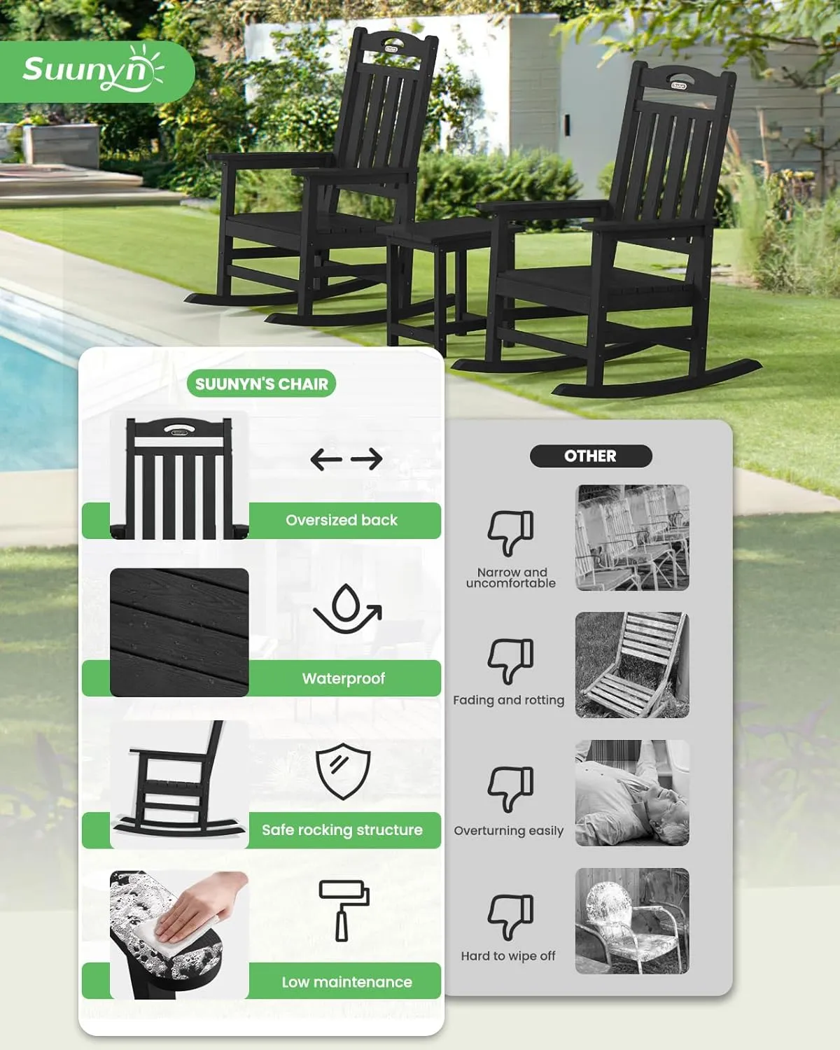 Oversized Outdoor Rocking Chair, High Back Porch Rocker Chair, HDPE All Weather Resistant Rocking Chairs for Patio, 380lbs Weight Capacity, Black
