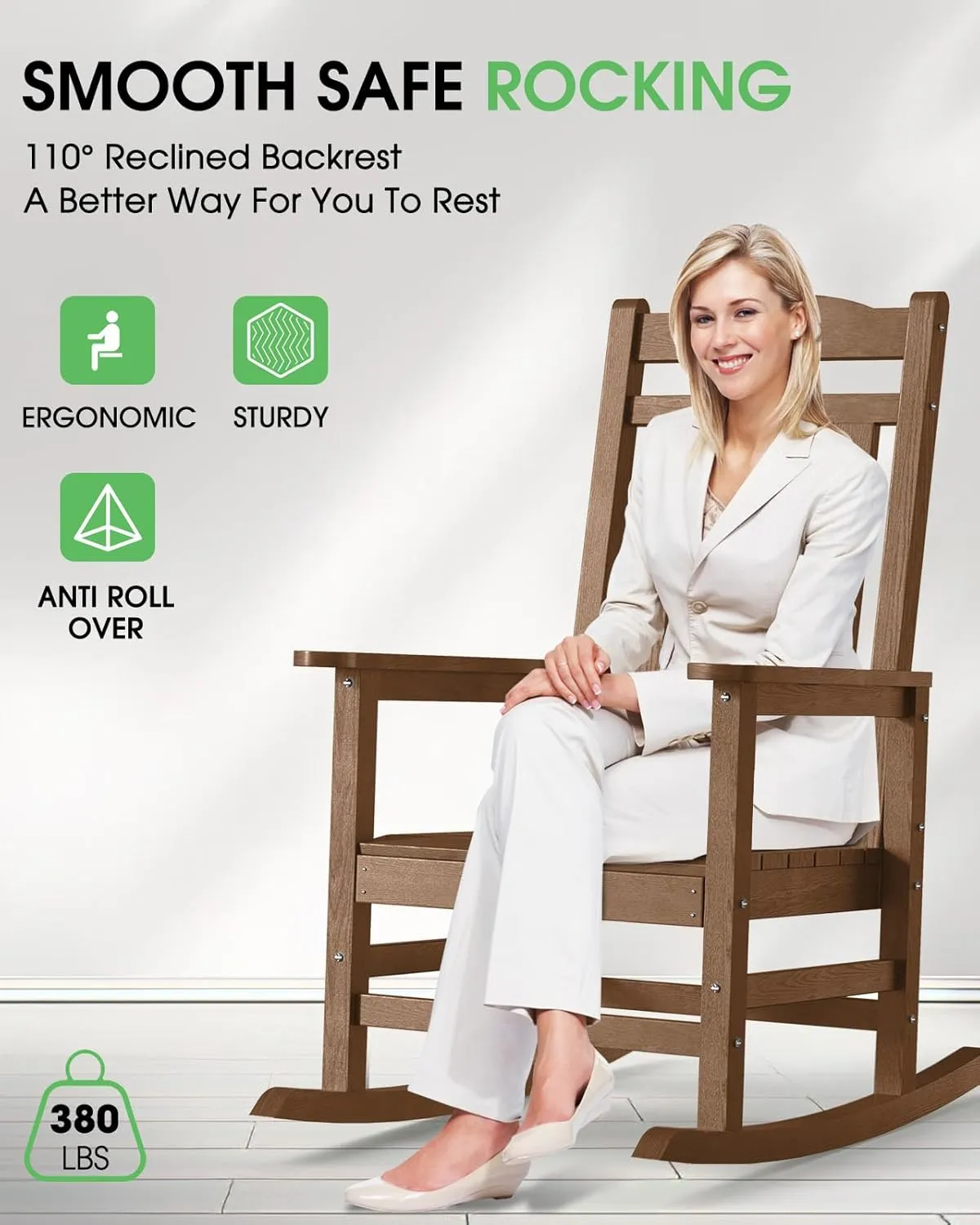 Oversized Outdoor Rocking Chair, High Back Porch Rocker Chair,HDPE All Weather Resistant Rocking Chairs for Patio, 380lbs Weight Capacity,Teak