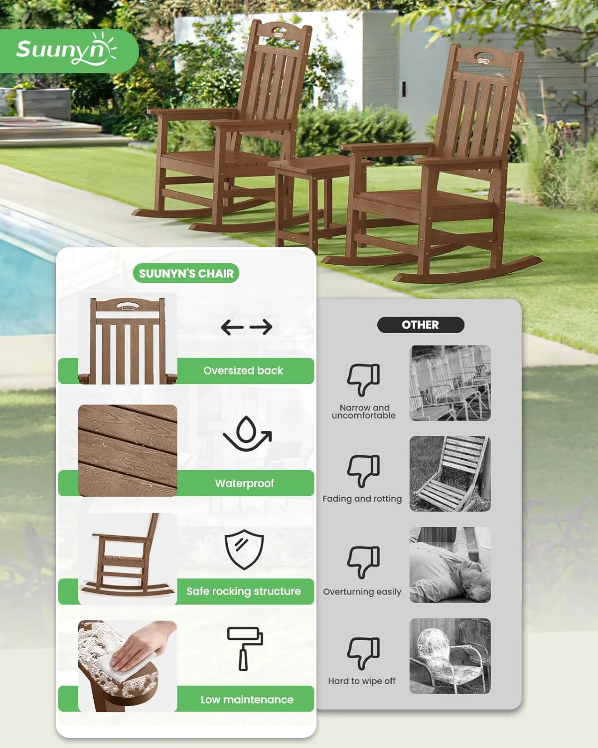 Oversized Outdoor Rocking Chair, High Back Porch Rocker Chair,HDPE All Weather Resistant Rocking Chairs for Patio, 380lbs Weight Capacity,Teak
