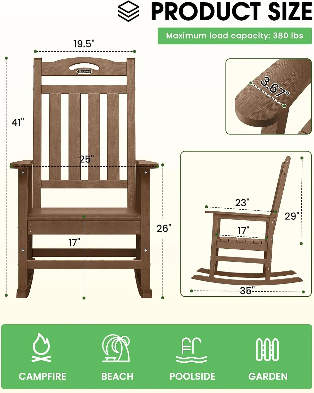 Oversized Outdoor Rocking Chair, High Back Porch Rocker Chair,HDPE All Weather Resistant Rocking Chairs for Patio, 380lbs Weight Capacity,Teak