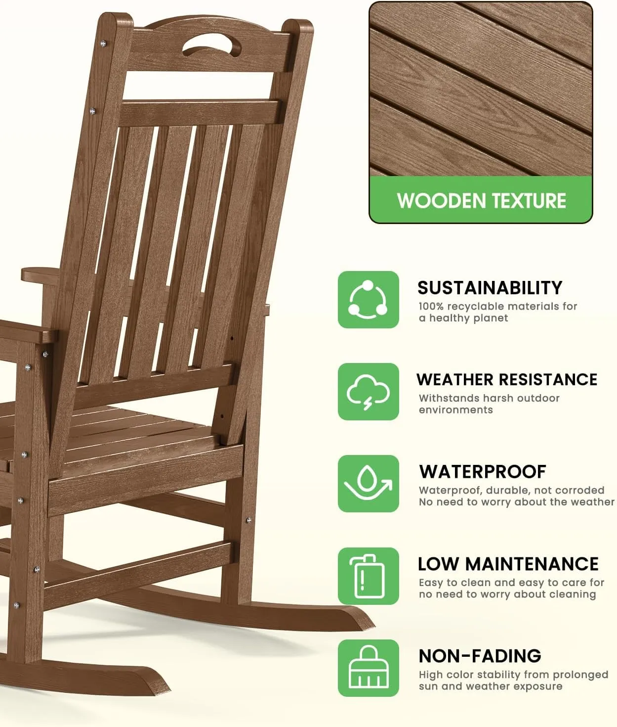 Oversized Outdoor Rocking Chair, High Back Porch Rocker Chair,HDPE All Weather Resistant Rocking Chairs for Patio, 380lbs Weight Capacity,Teak