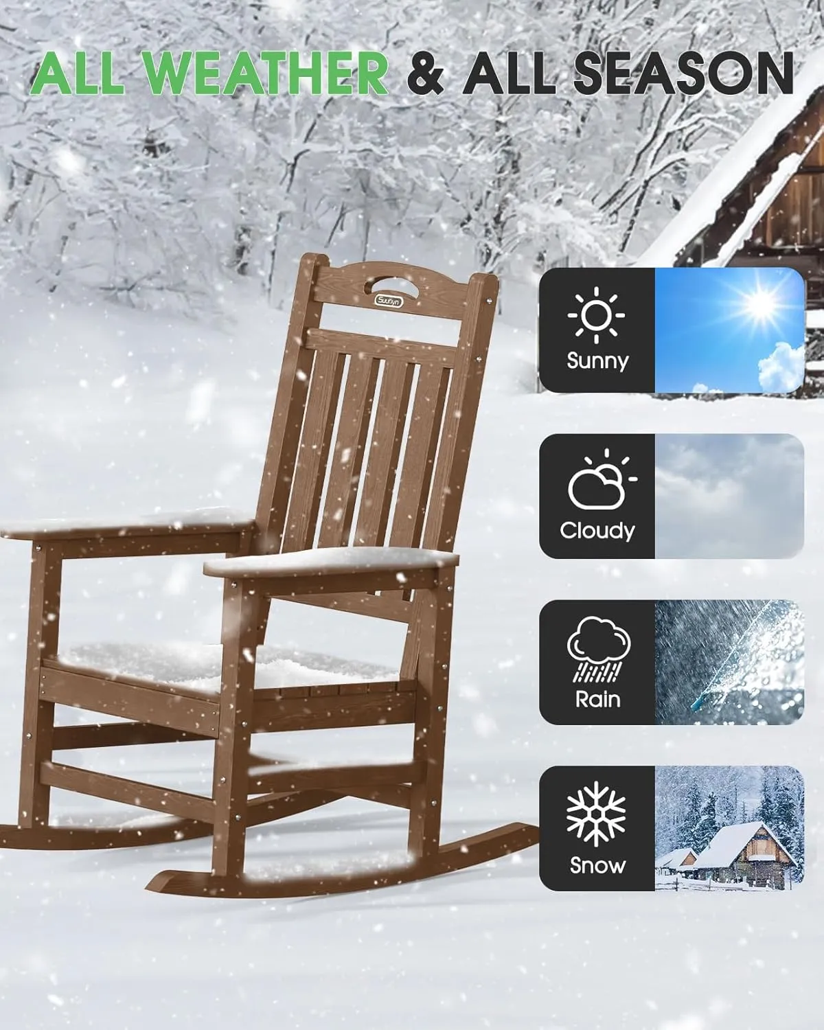 Oversized Outdoor Rocking Chair, High Back Porch Rocker Chair,HDPE All Weather Resistant Rocking Chairs for Patio, 380lbs Weight Capacity,Teak