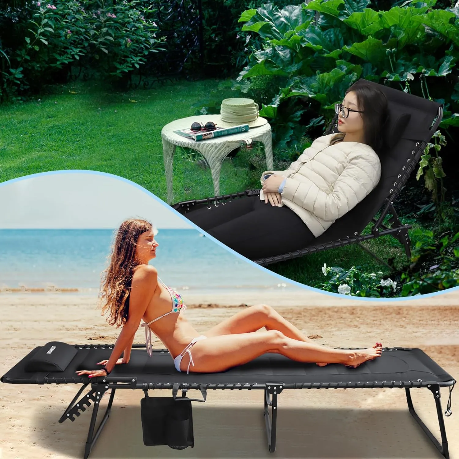 Oversized Padded Outdoor Folding Lounge Chair for Adults 440Ibs Patio Chaise Lounge for Outside 5-Position Adjustable Reclining Beach Chair with Pillow Pocket