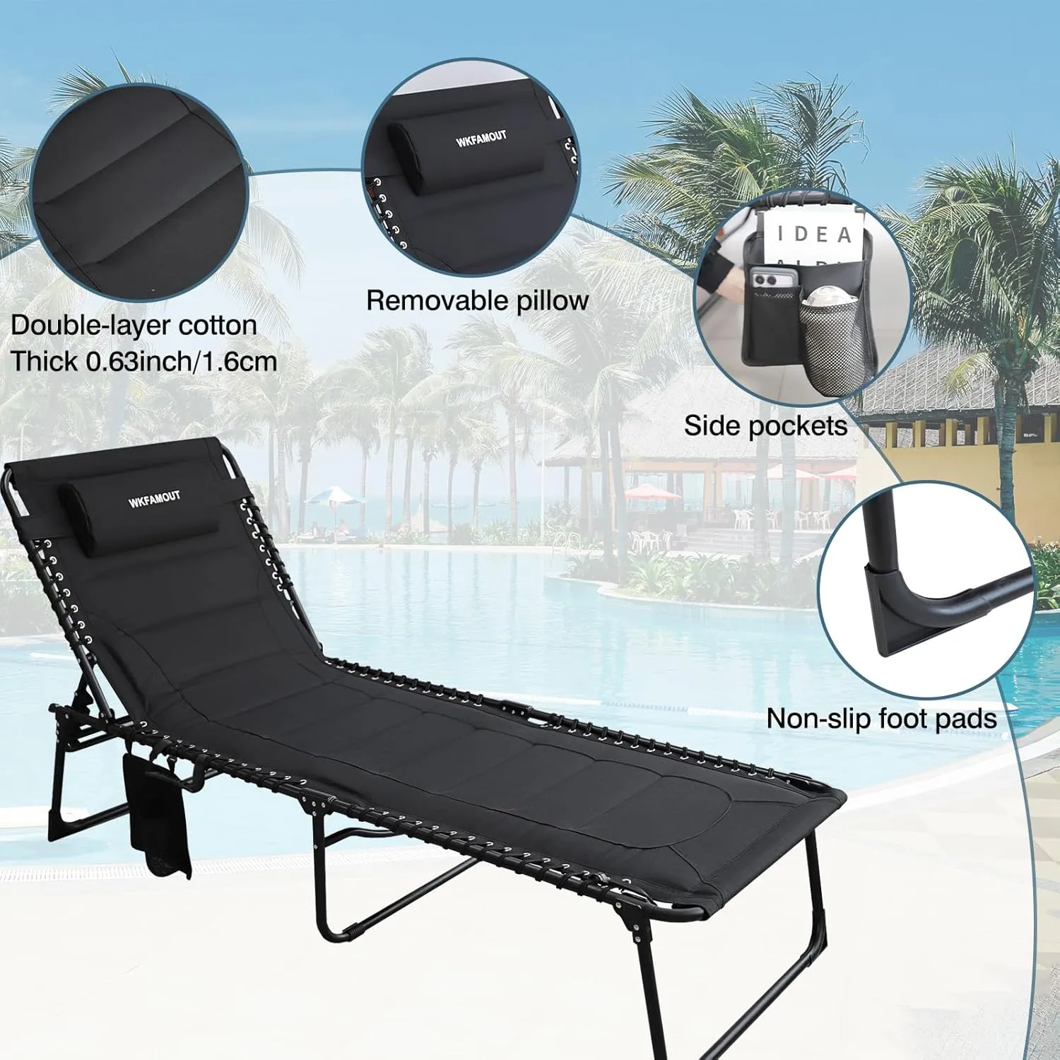 Oversized Padded Outdoor Folding Lounge Chair for Adults 440Ibs Patio Chaise Lounge for Outside 5-Position Adjustable Reclining Beach Chair with Pillow Pocket