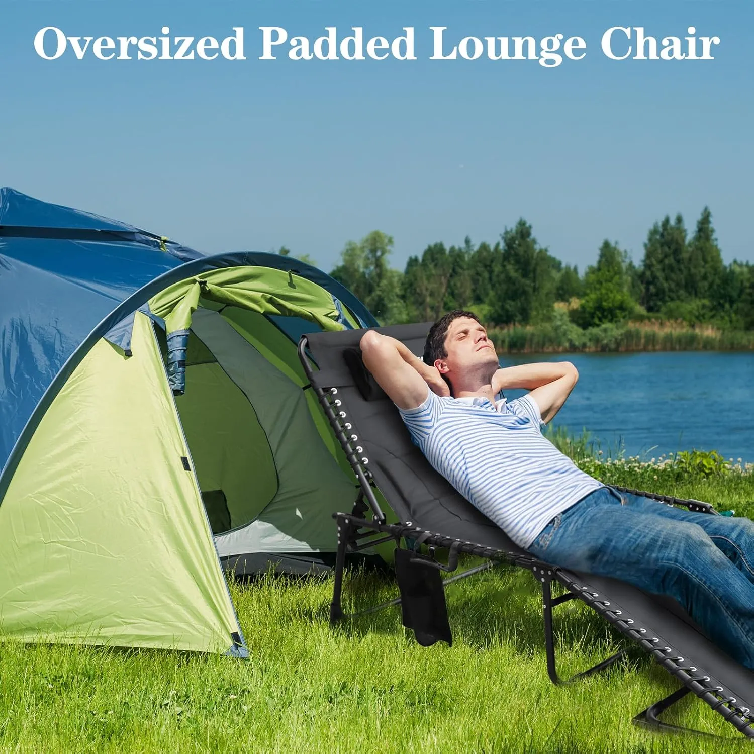 Oversized Padded Outdoor Folding Lounge Chair for Adults 440Ibs Patio Chaise Lounge for Outside 5-Position Adjustable Reclining Beach Chair with Pillow Pocket