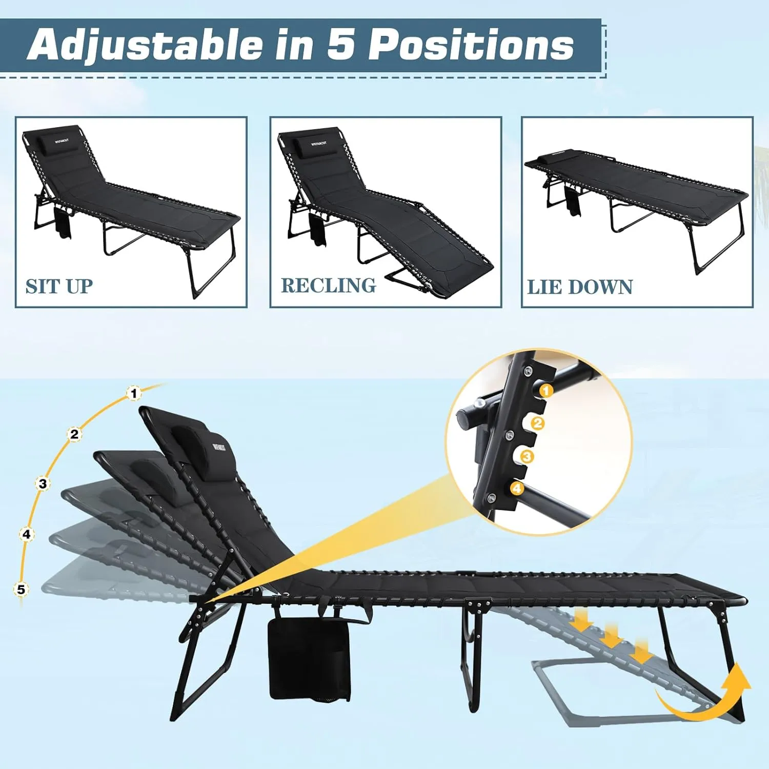 Oversized Padded Outdoor Folding Lounge Chair for Adults 440Ibs Patio Chaise Lounge for Outside 5-Position Adjustable Reclining Beach Chair with Pillow Pocket