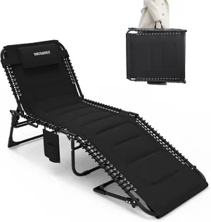 Oversized Padded Outdoor Folding Lounge Chair for Adults 440Ibs Patio Chaise Lounge for Outside 5-Position Adjustable Reclining Beach Chair with Pillow Pocket