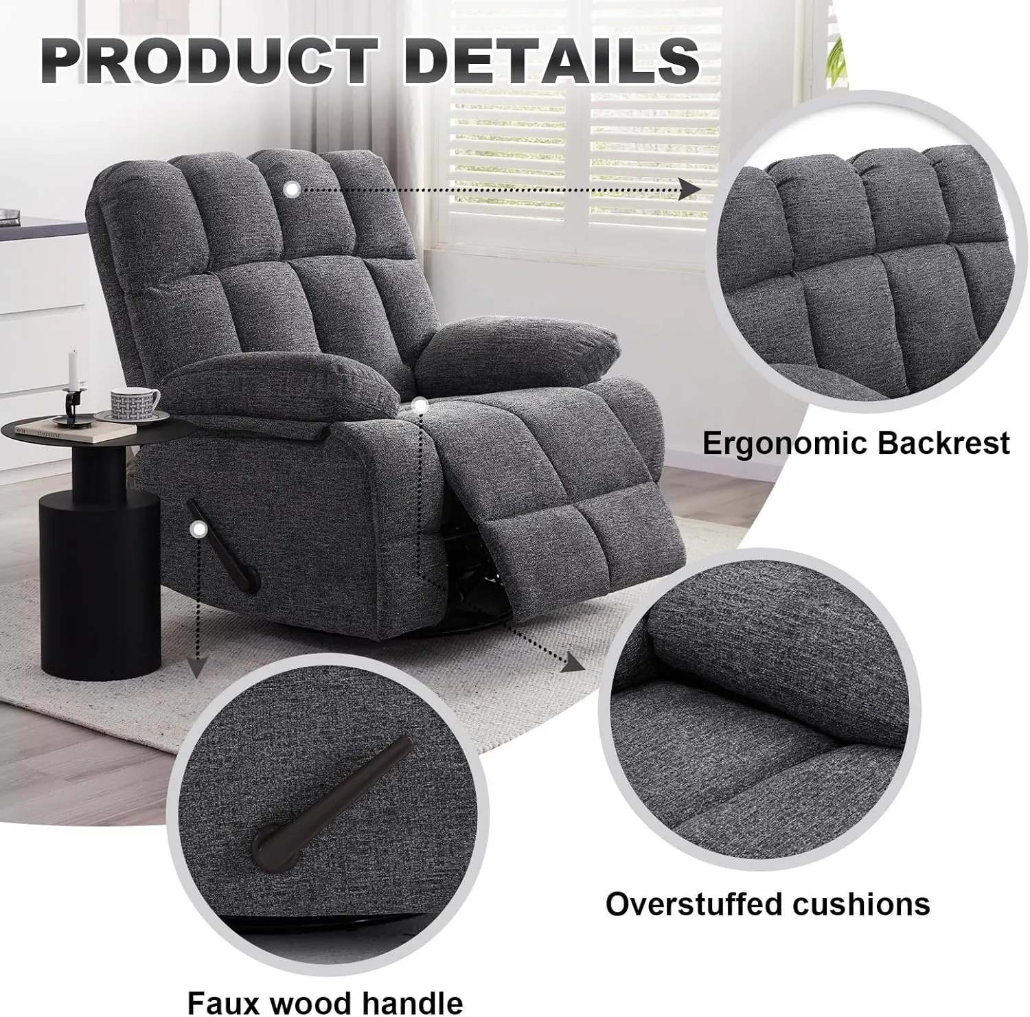 Oversized Rocker Chair, Lazy Boy Recliner Chair for Big Man, Extra Wide Manual Swivel Recliner, Overstuffed Soft Rocking Sofa Chair（Light Grey）
