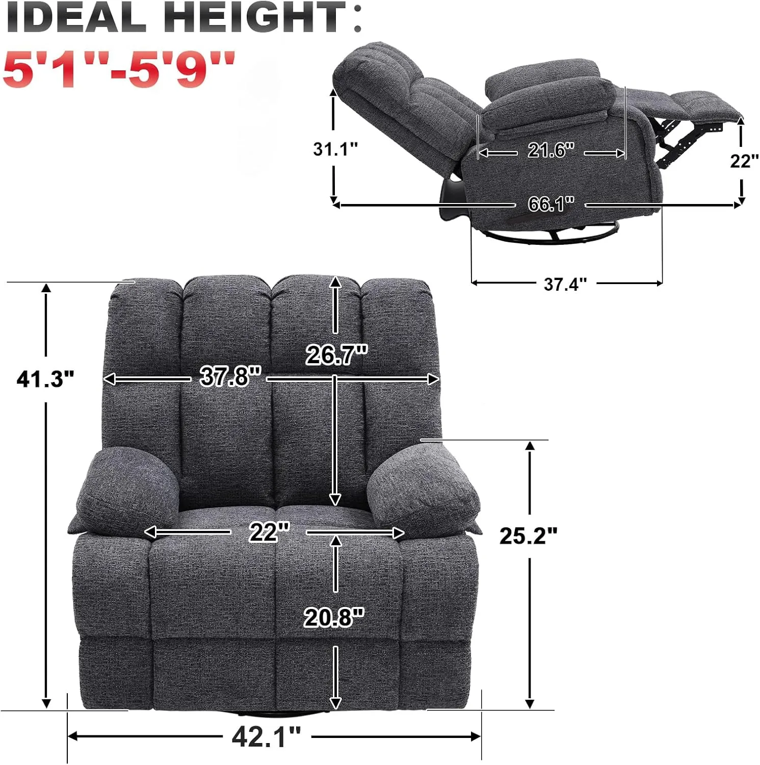 Oversized Rocker Chair, Lazy Boy Recliner Chair for Big Man, Extra Wide Manual Swivel Recliner, Overstuffed Soft Rocking Sofa Chair（Light Grey）