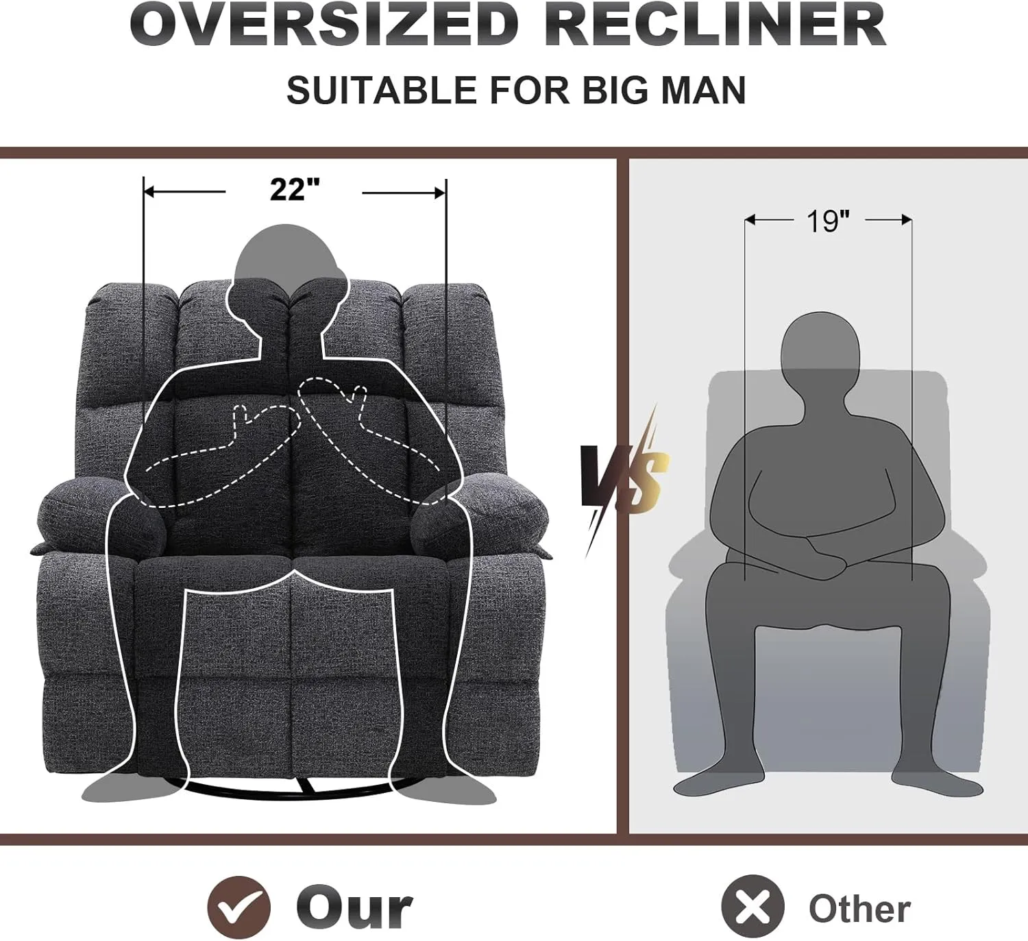 Oversized Rocker Chair, Lazy Boy Recliner Chair for Big Man, Extra Wide Manual Swivel Recliner, Overstuffed Soft Rocking Sofa Chair（Light Grey）
