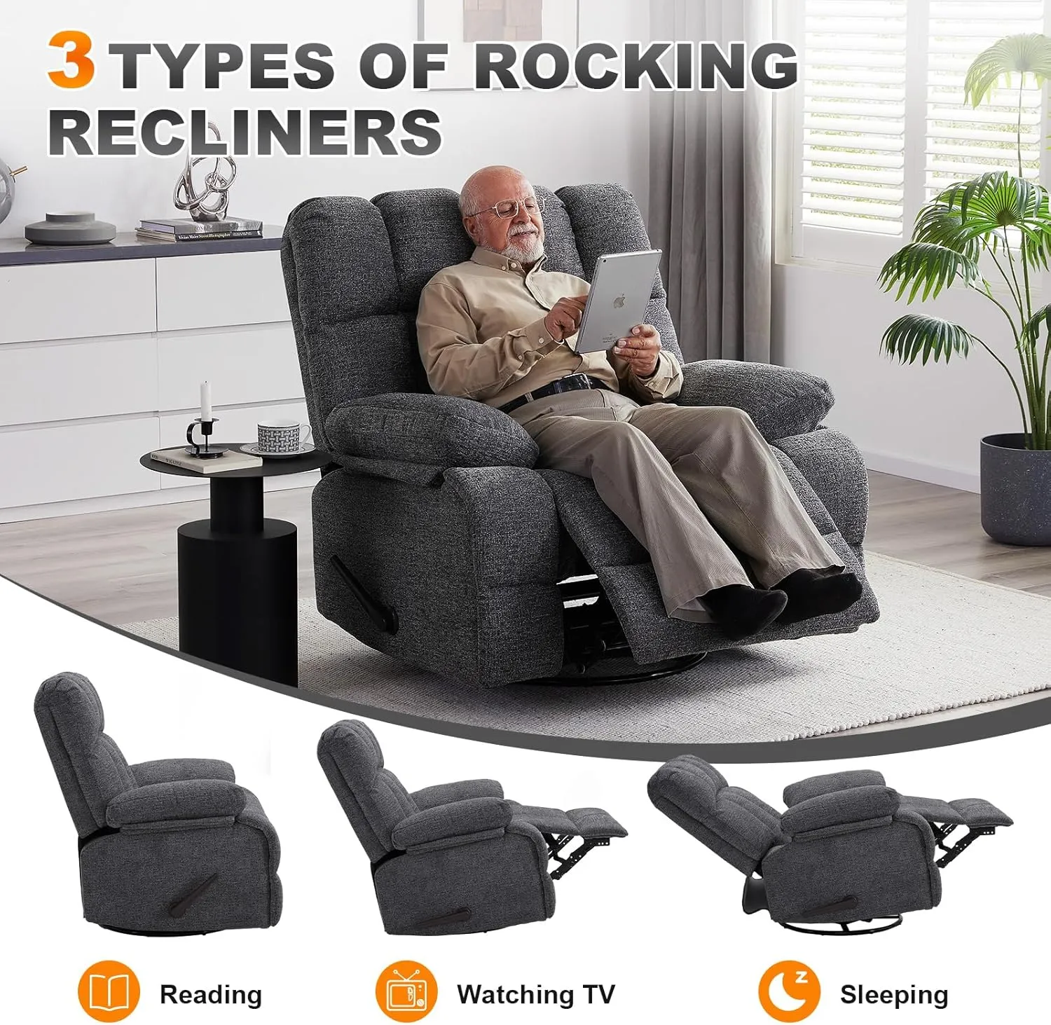 Oversized Rocker Chair, Lazy Boy Recliner Chair for Big Man, Extra Wide Manual Swivel Recliner, Overstuffed Soft Rocking Sofa Chair（Light Grey）