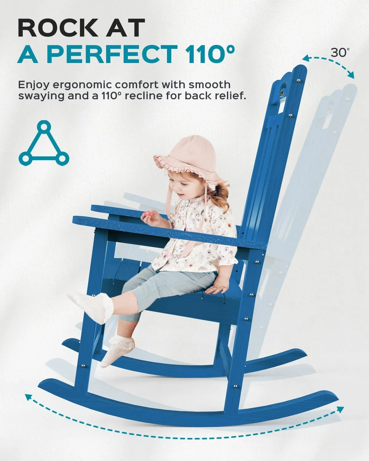 Oversized Rocking Chair Outdoor, HDPE Poly Rocking Chair, All Weather Porch Rocker for Deck Patio Balcony, 380lbs, Azure Blue