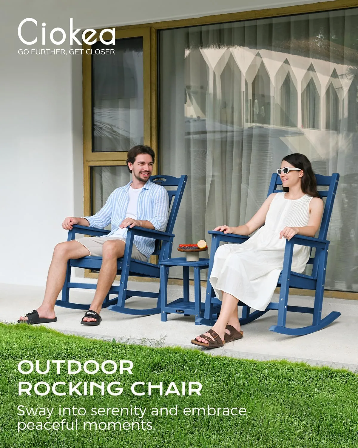 Oversized Rocking Chair Outdoor, HDPE Poly Rocking Chair, All Weather Porch Rocker for Deck Patio Balcony, 380lbs, Azure Blue