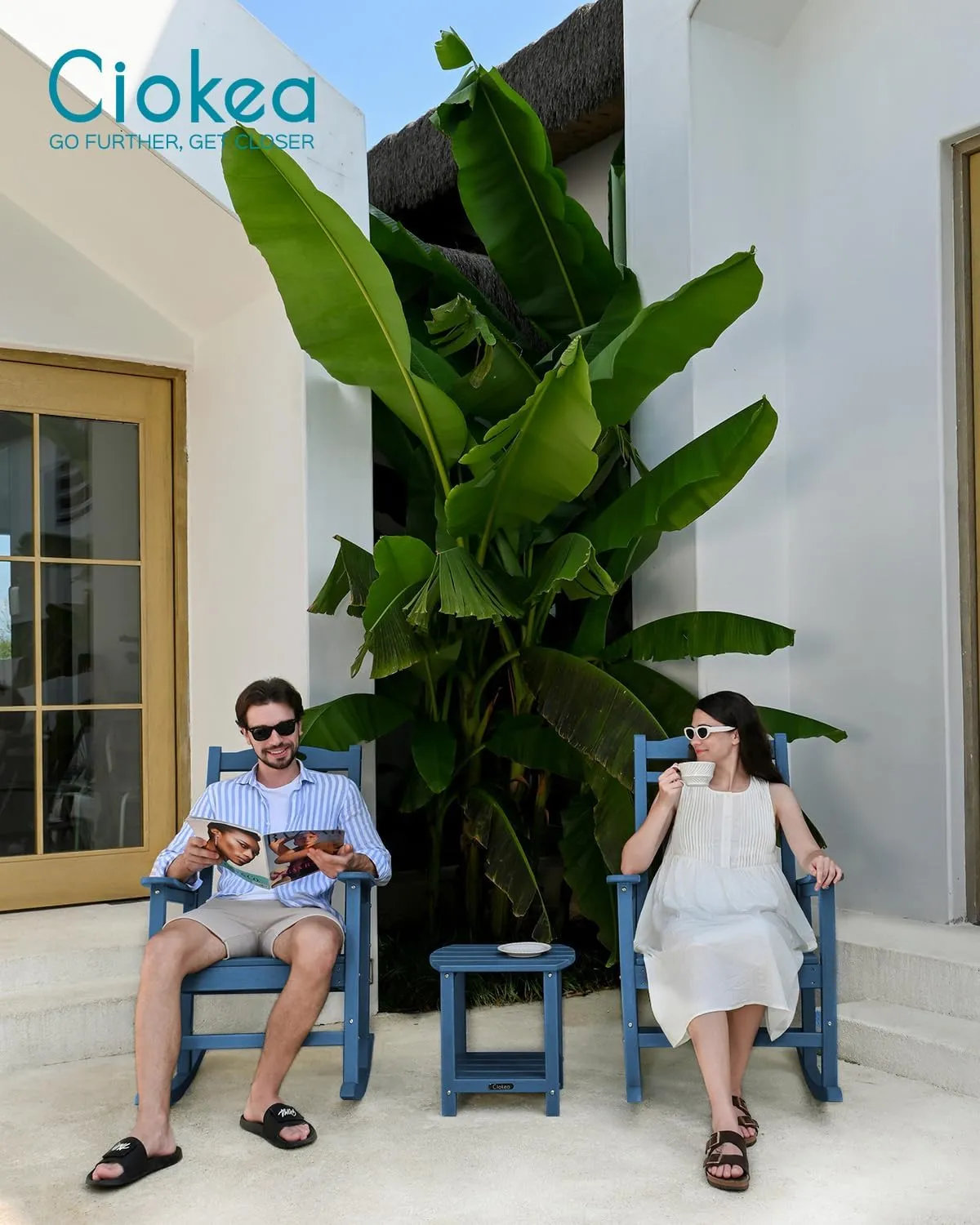 Oversized Rocking Chair Outdoor, HDPE Poly Rocking Chair, All Weather Porch Rocker for Deck Patio Balcony, 380lbs, Azure Blue