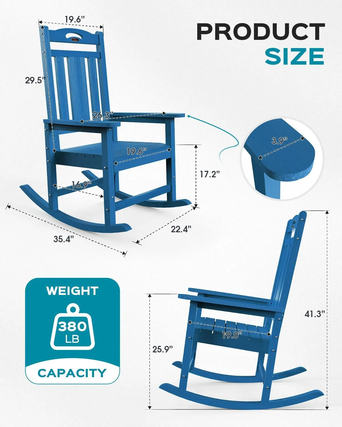 Oversized Rocking Chair Outdoor, HDPE Poly Rocking Chair, All Weather Porch Rocker for Deck Patio Balcony, 380lbs, Azure Blue
