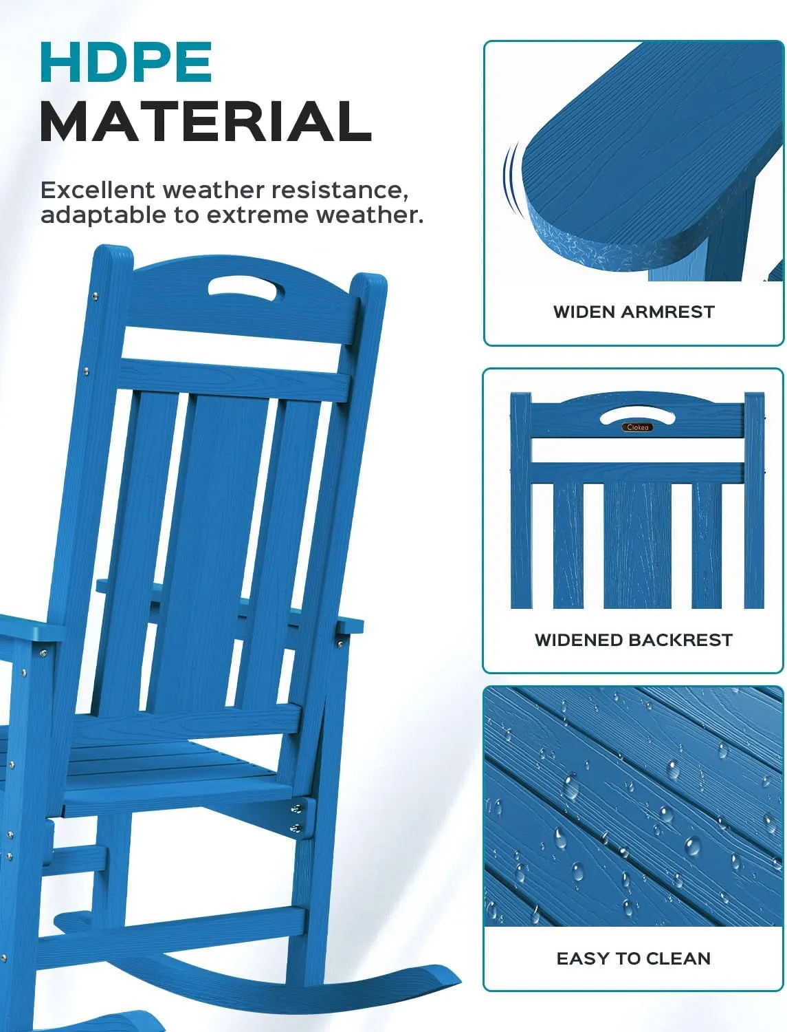 Oversized Rocking Chair Outdoor, HDPE Poly Rocking Chair, All Weather Porch Rocker for Deck Patio Balcony, 380lbs, Azure Blue