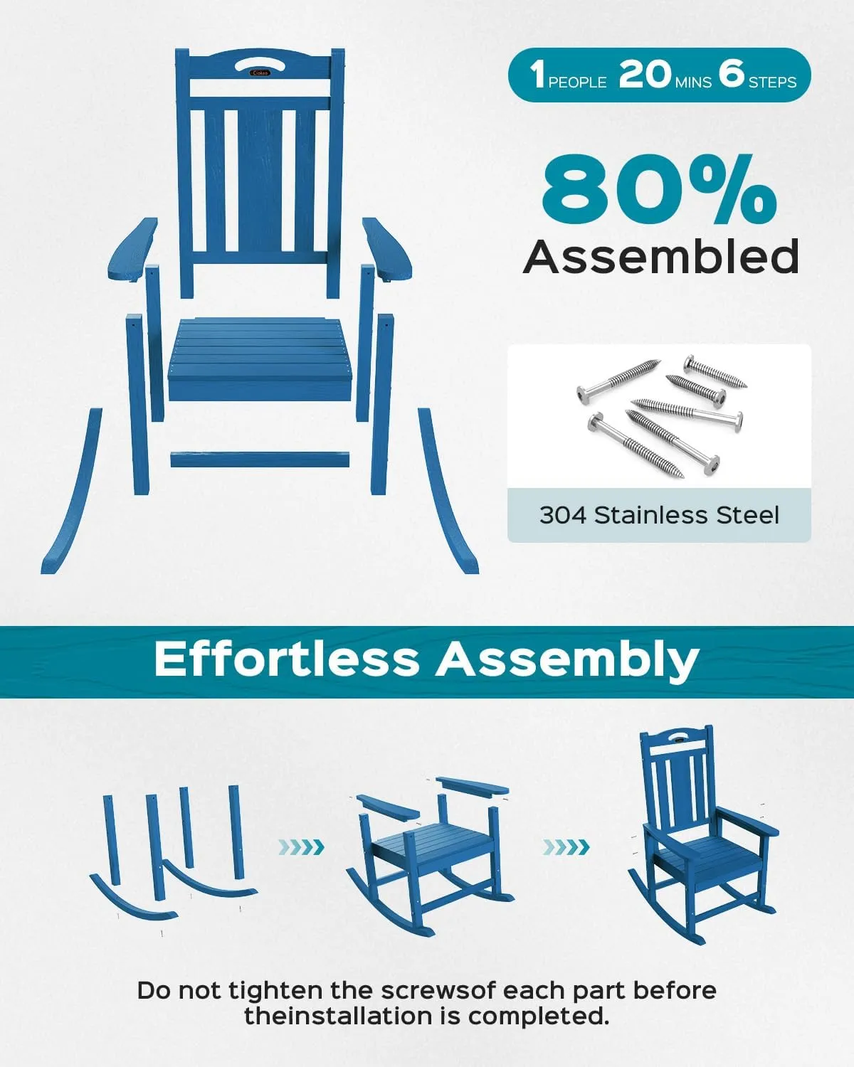 Oversized Rocking Chair Outdoor, HDPE Poly Rocking Chair, All Weather Porch Rocker for Deck Patio Balcony, 380lbs, Azure Blue