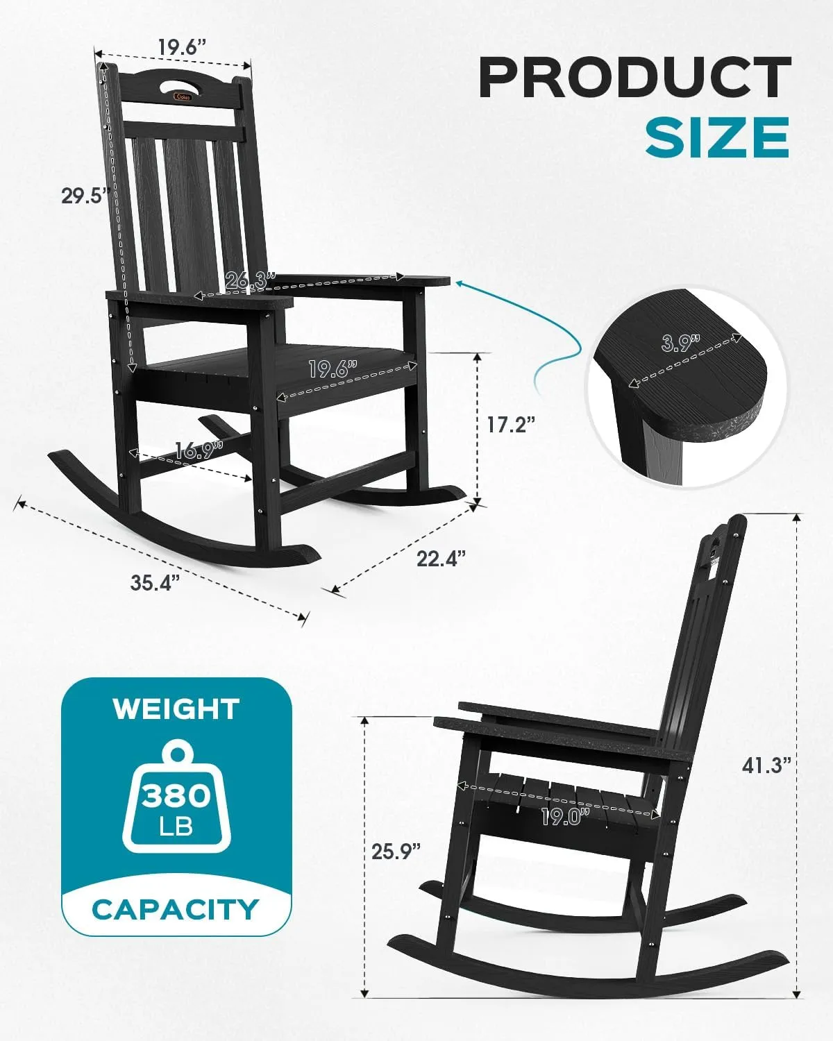 Oversized Rocking Chair Outdoor, HDPE Poly Rocking Chair, All Weather Porch Rocker for Deck Patio Balcony, 380lbs, Black