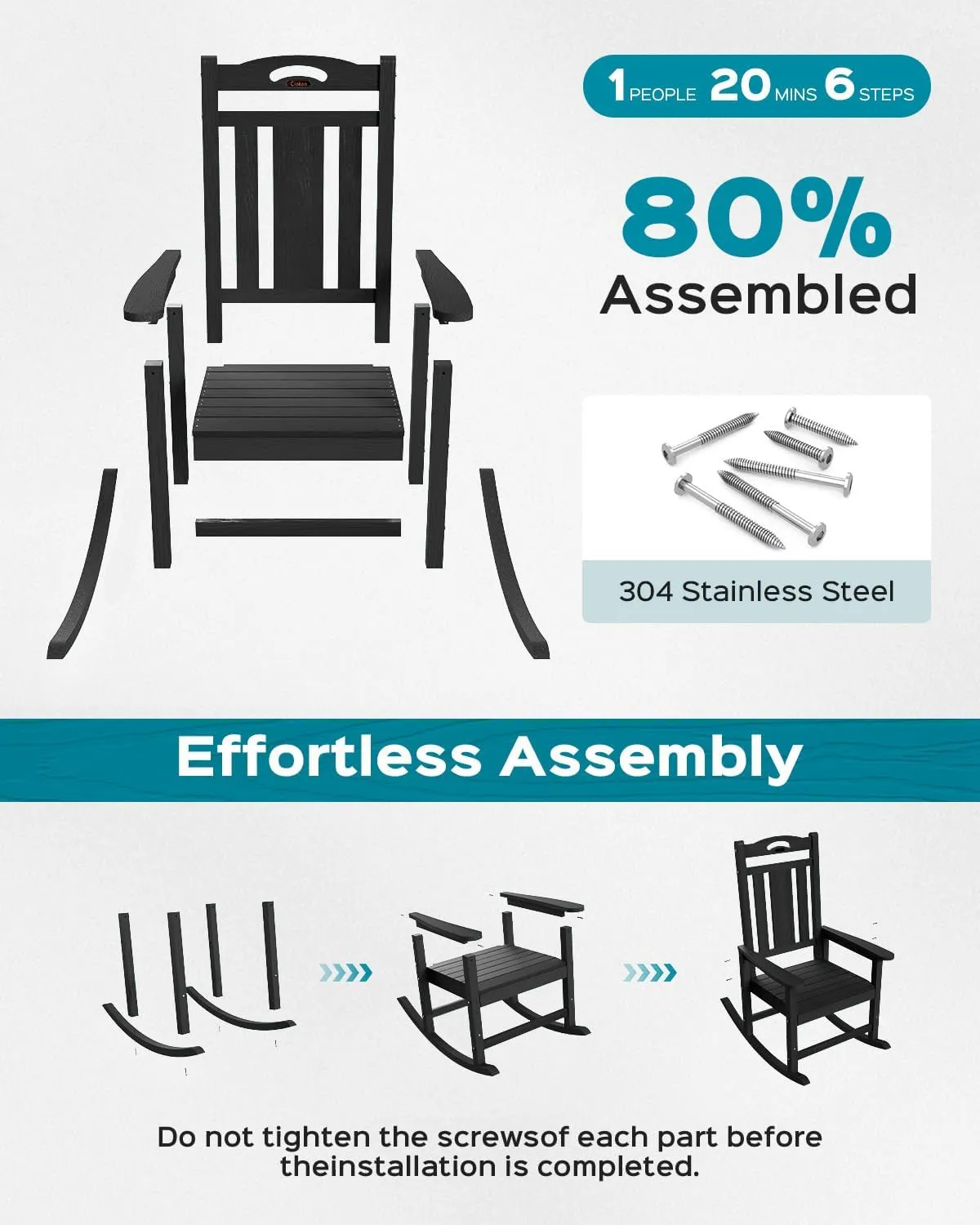 Oversized Rocking Chair Outdoor, HDPE Poly Rocking Chair, All Weather Porch Rocker for Deck Patio Balcony, 380lbs, Black