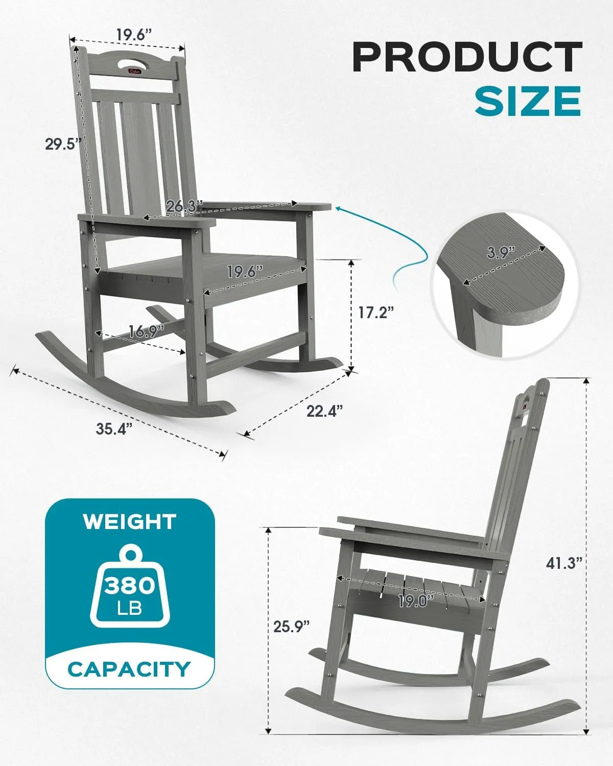 Oversized Rocking Chair Outdoor, HDPE Poly Rocking Chair, All Weather Porch Rocker for Deck Patio Balcony, 380lbs, Grey