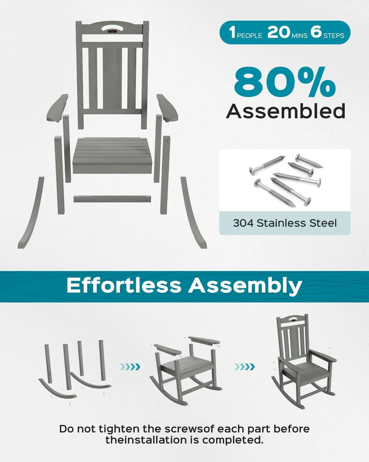 Oversized Rocking Chair Outdoor, HDPE Poly Rocking Chair, All Weather Porch Rocker for Deck Patio Balcony, 380lbs, Grey