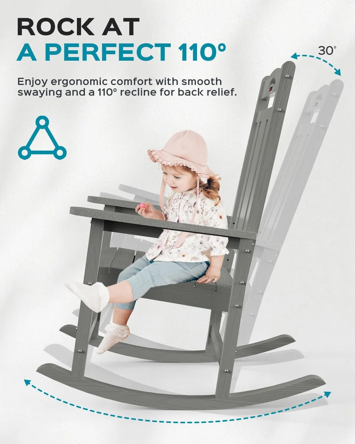 Oversized Rocking Chair Outdoor, HDPE Poly Rocking Chair, All Weather Porch Rocker for Deck Patio Balcony, 380lbs, Grey
