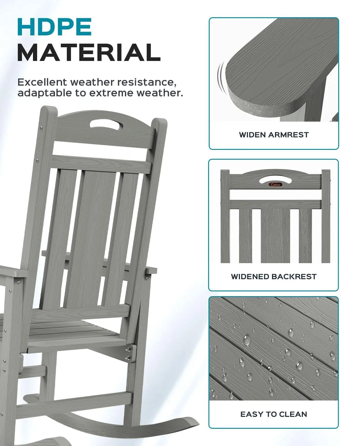 Oversized Rocking Chair Outdoor, HDPE Poly Rocking Chair, All Weather Porch Rocker for Deck Patio Balcony, 380lbs, Grey