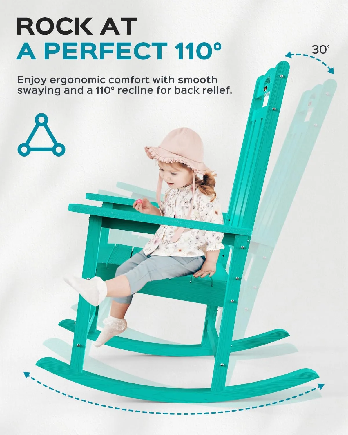 Oversized Rocking Chair Outdoor, HDPE Poly Rocking Chair, All Weather Porch Rocker for Deck Patio Balcony, 380lbs, Lakeblue