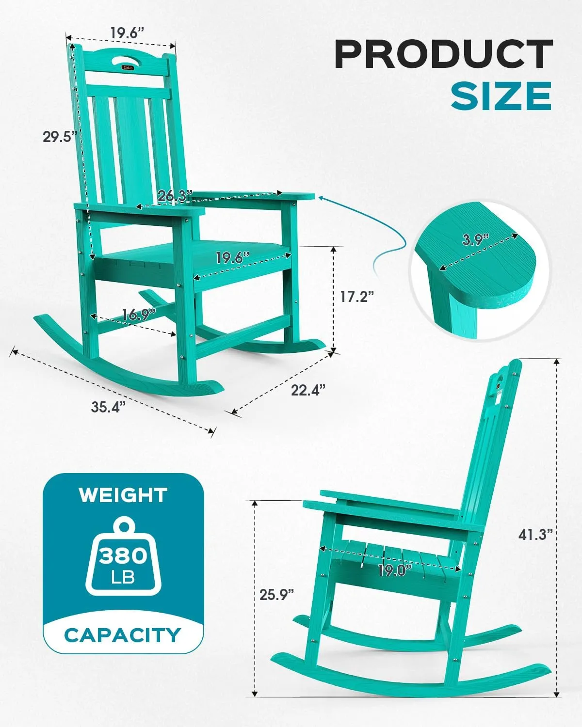 Oversized Rocking Chair Outdoor, HDPE Poly Rocking Chair, All Weather Porch Rocker for Deck Patio Balcony, 380lbs, Lakeblue