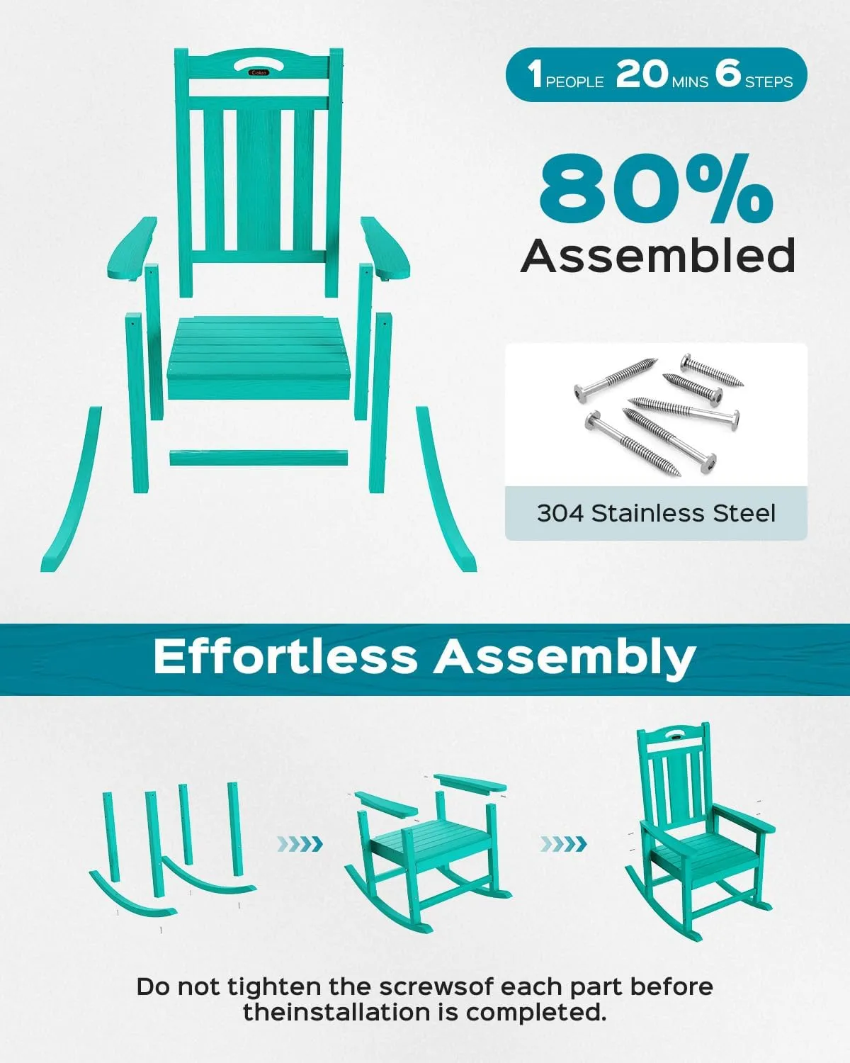 Oversized Rocking Chair Outdoor, HDPE Poly Rocking Chair, All Weather Porch Rocker for Deck Patio Balcony, 380lbs, Lakeblue