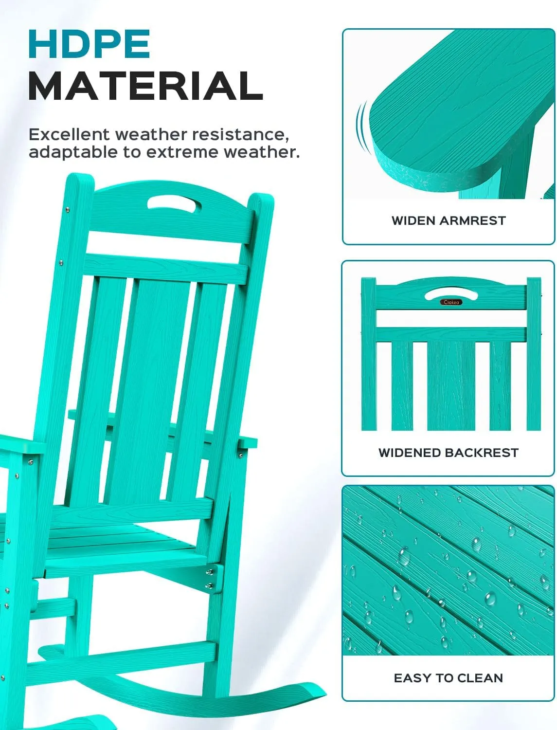 Oversized Rocking Chair Outdoor, HDPE Poly Rocking Chair, All Weather Porch Rocker for Deck Patio Balcony, 380lbs, Lakeblue