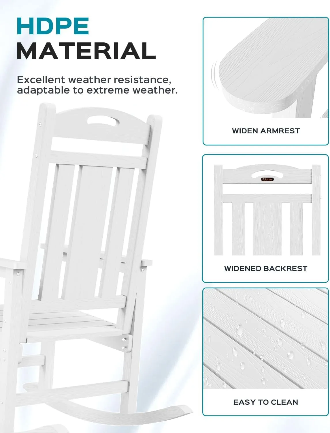 Oversized Rocking Chair Outdoor, HDPE Poly Rocking Chair, All Weather Porch Rocker for Deck Patio Balcony, 380lbs, White