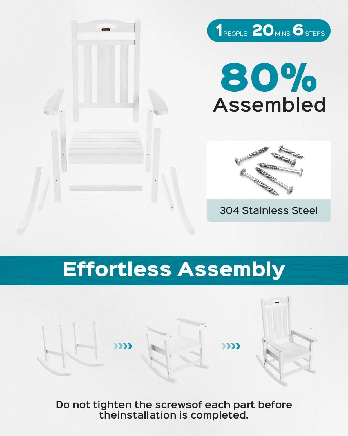 Oversized Rocking Chair Outdoor, HDPE Poly Rocking Chair, All Weather Porch Rocker for Deck Patio Balcony, 380lbs, White