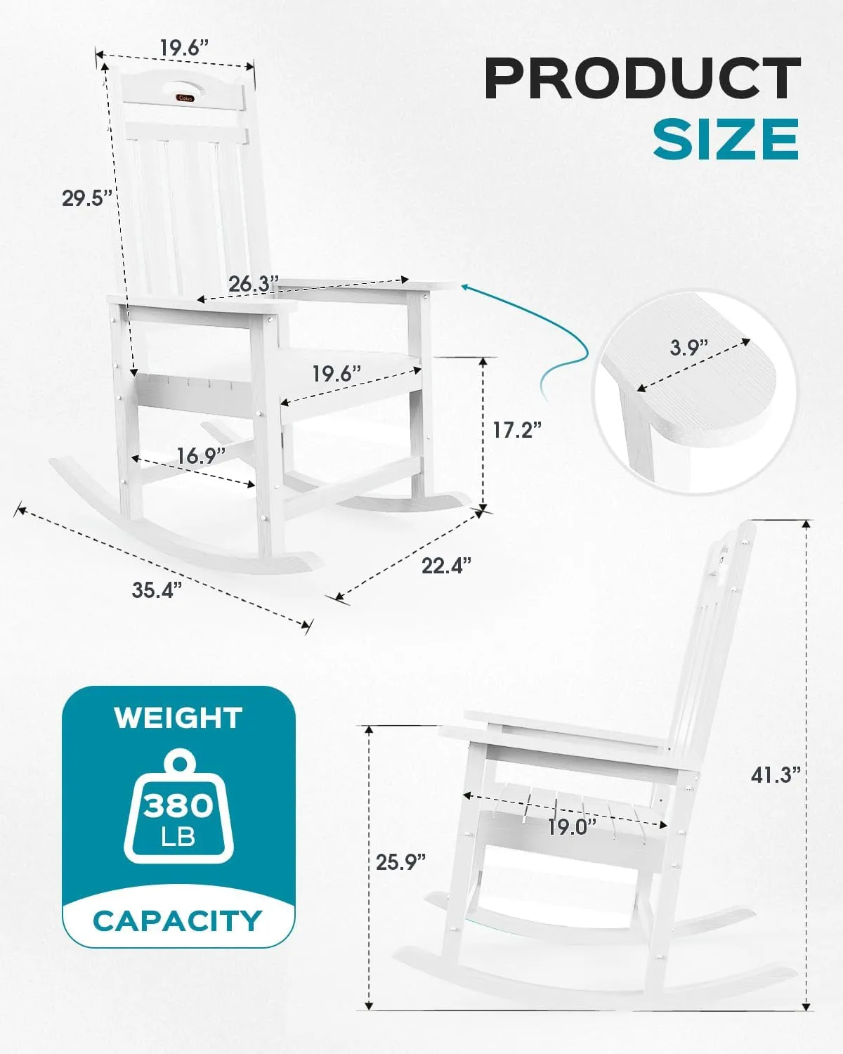 Oversized Rocking Chair Outdoor, HDPE Poly Rocking Chair, All Weather Porch Rocker for Deck Patio Balcony, 380lbs, White