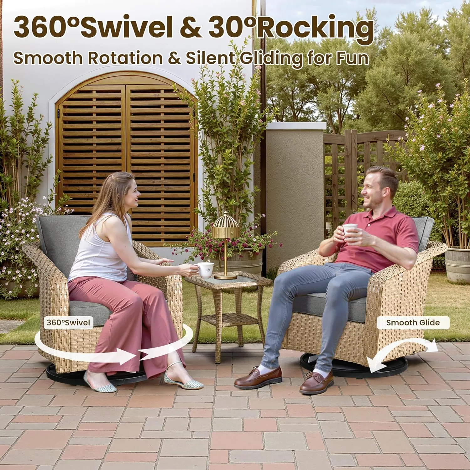 ovios 3 Pieces Patio Rocking Swivel Chairs with Side Table, Outdoor Wicker Glider Chair of 2 with Comfy Cushions, Modern Rattan Rocker Furniture Set for Bistro Porch Garden, Dark Grey