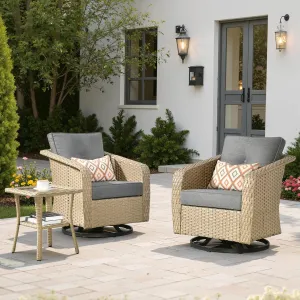 ovios 3 Pieces Patio Rocking Swivel Chairs with Side Table, Outdoor Wicker Glider Chair of 2 with Comfy Cushions, Modern Rattan Rocker Furniture Set for Bistro Porch Garden, Dark Grey