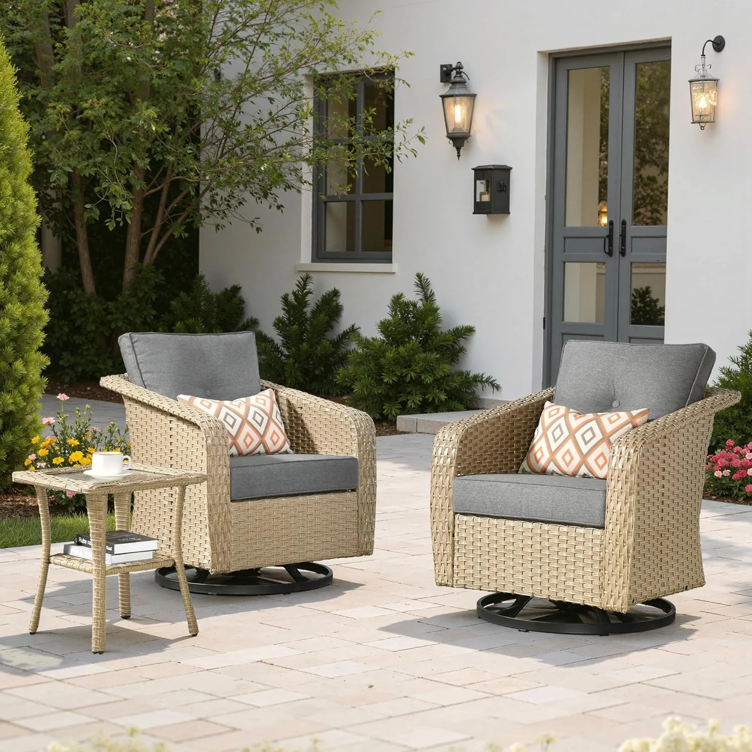 ovios 3 Pieces Patio Rocking Swivel Chairs with Side Table, Outdoor Wicker Glider Chair of 2 with Comfy Cushions, Modern Rattan Rocker Furniture Set for Bistro Porch Garden, Dark Grey