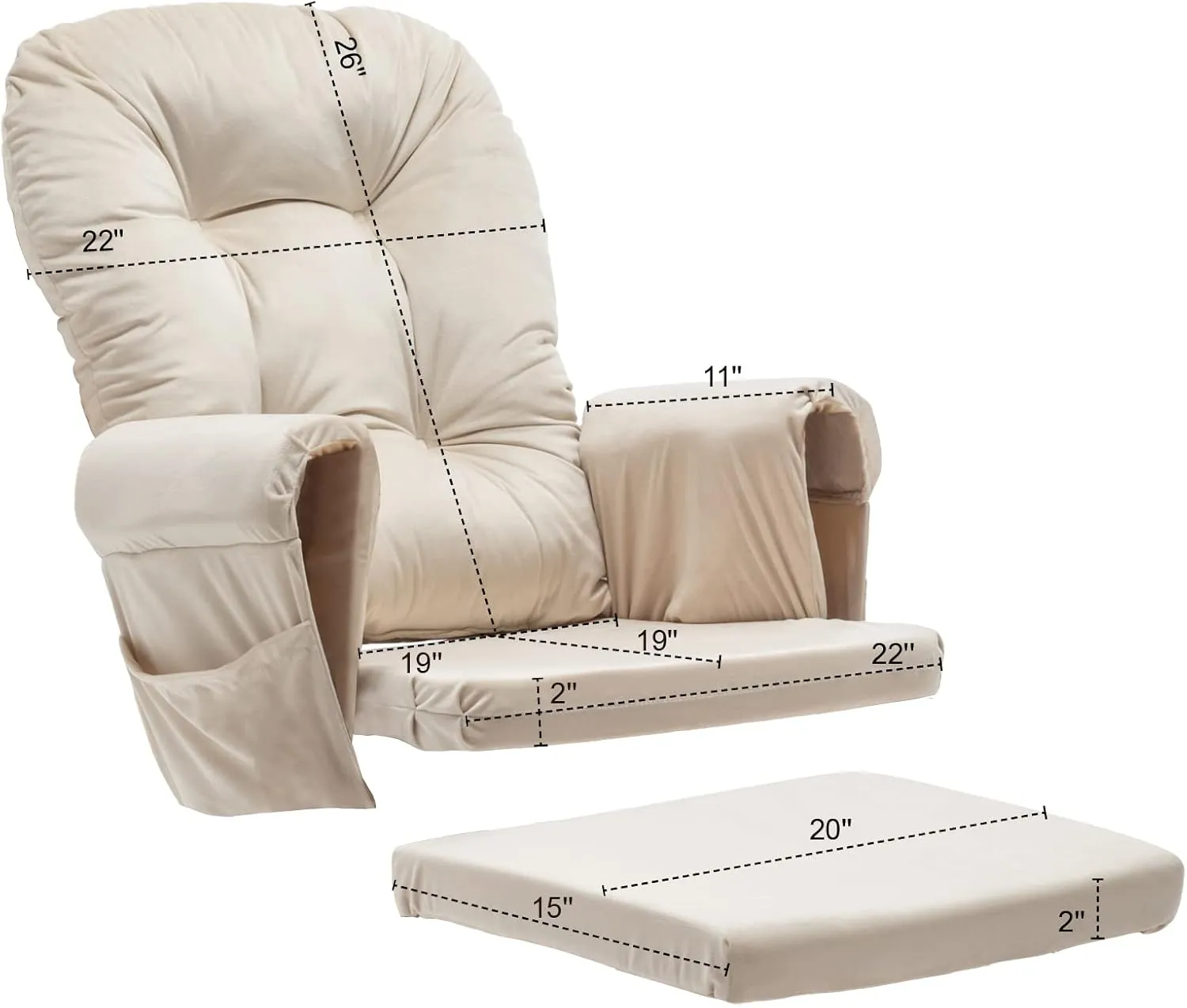 Paddie Glider Rocker Replacement Cushions Velvet with Storage, Rocking Chair Cushion Set with Ties, 5PCS, Beige