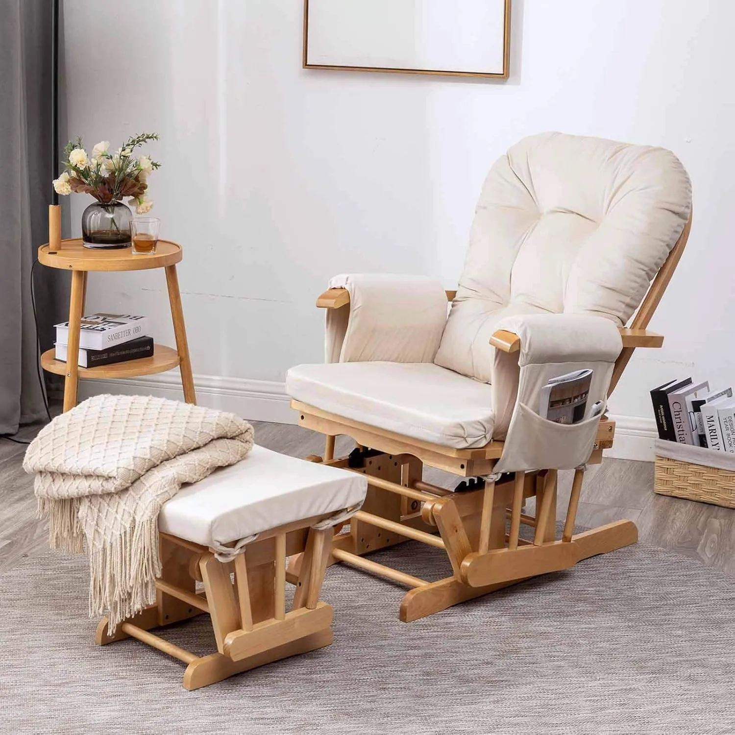 Paddie Glider Rocker Replacement Cushions Velvet with Storage, Rocking Chair Cushion Set with Ties, 5PCS, Beige