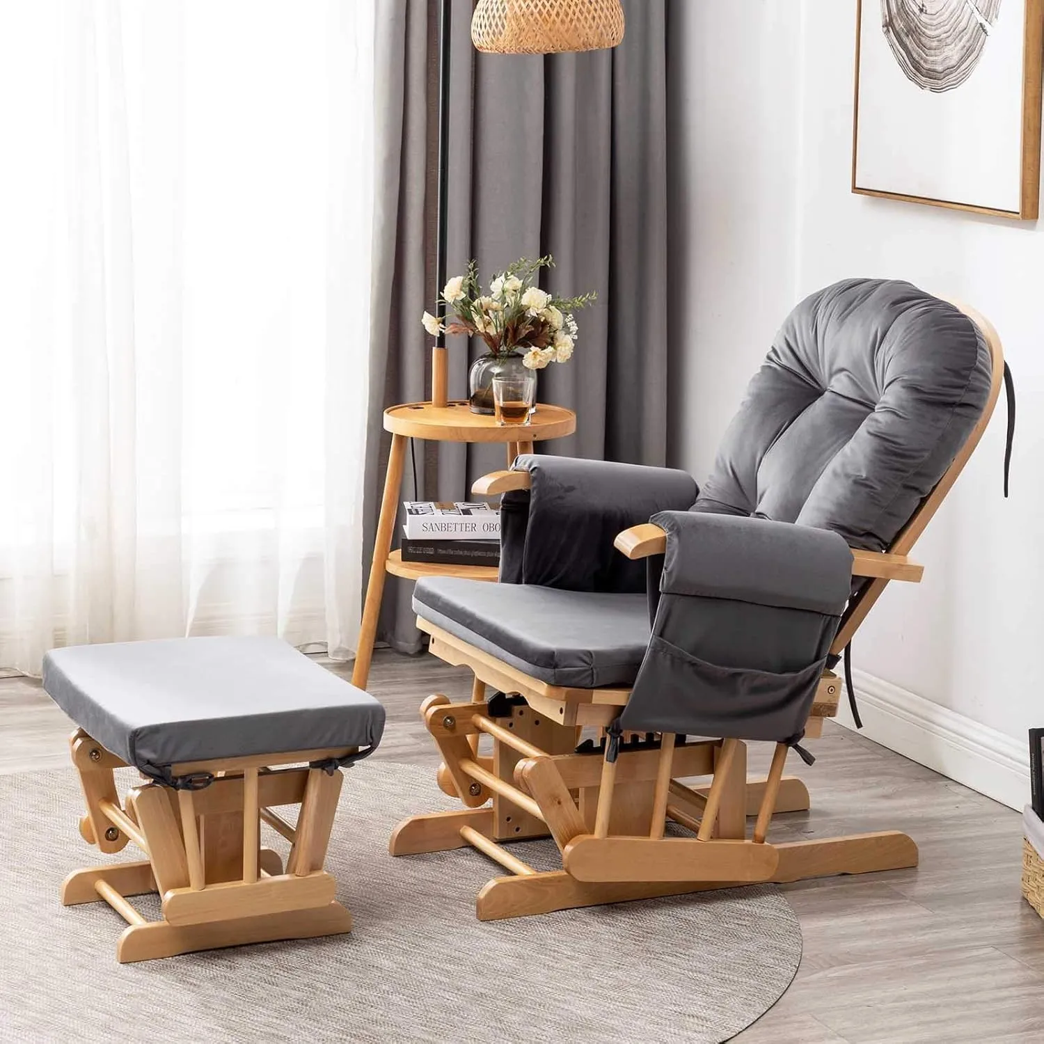Paddie Glider Rocker Replacement Cushions Velvet with Storage, Rocking Chair Cushion Set with Ties, 5PCS, Dark Grey