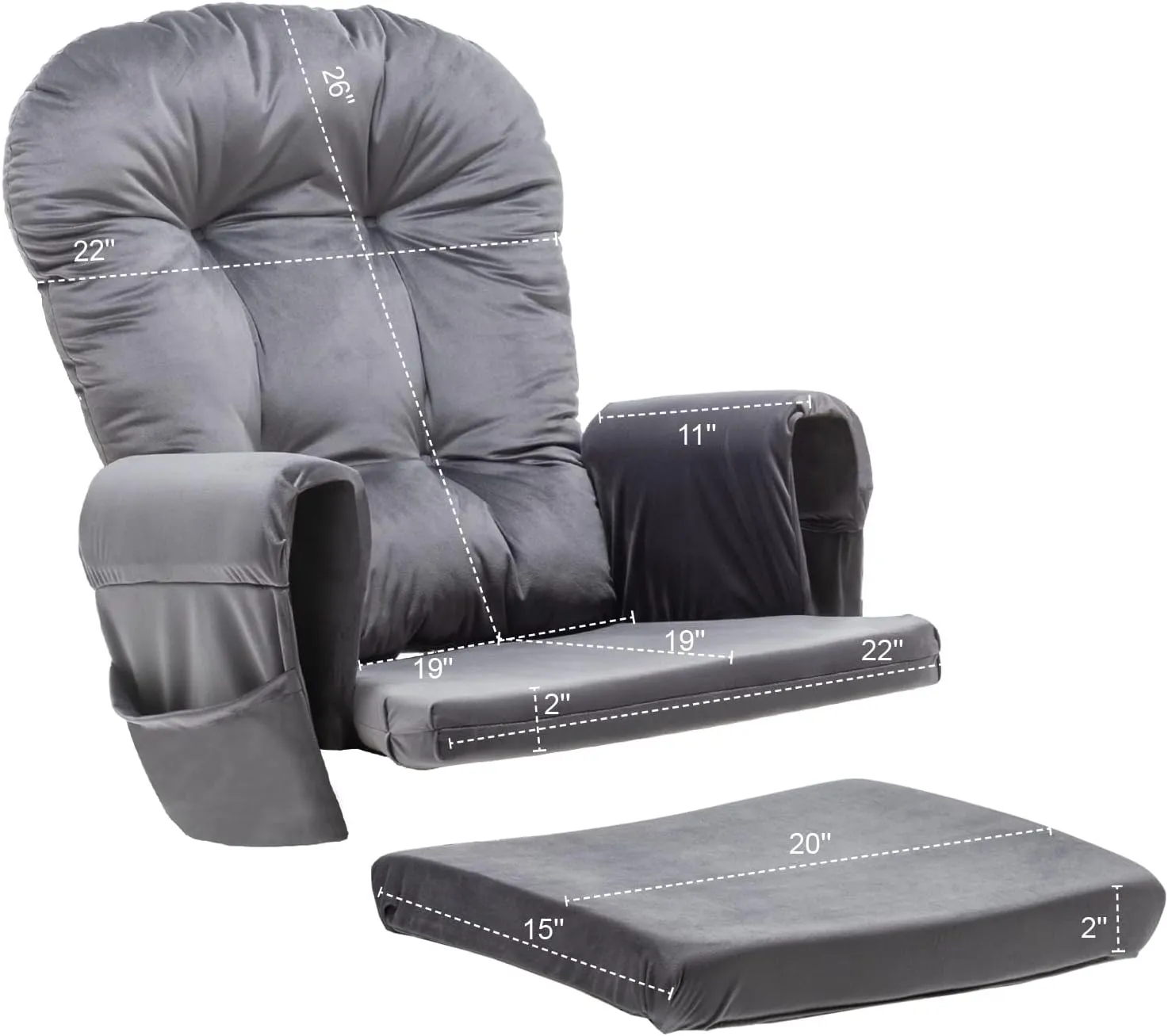Paddie Glider Rocker Replacement Cushions Velvet with Storage, Rocking Chair Cushion Set with Ties, 5PCS, Dark Grey