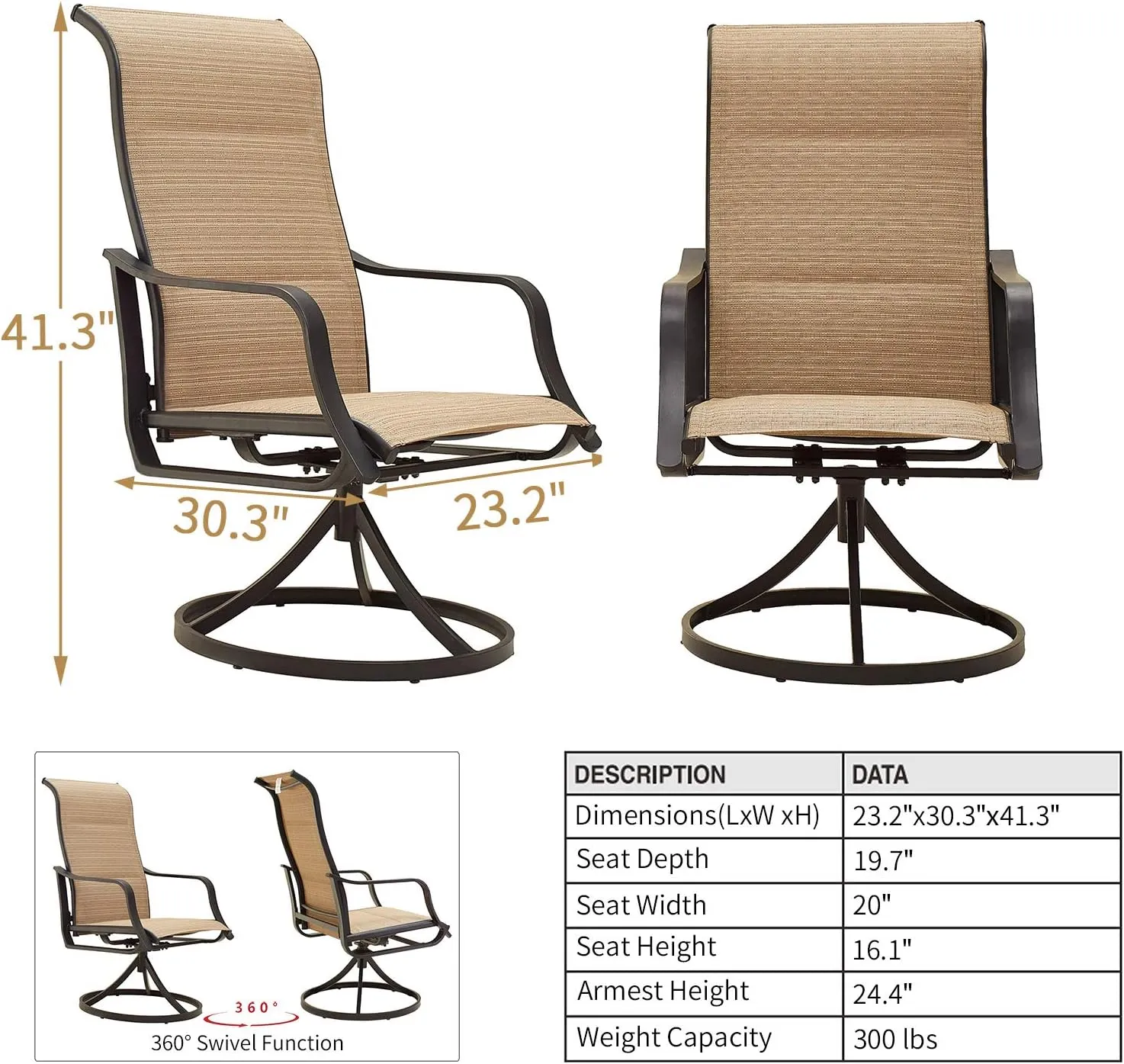 Patio Dining Chairs Textilene High Back Outdoor Swivel Rocker Set with All Weather Frame (Beige,Set of 2)